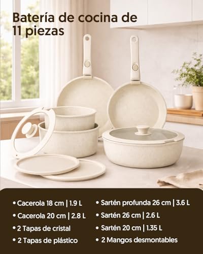 La Moustache - Juego de Ollas y Sartenes【11 Piezas】Aluminio con Antiadherente, Mangos Desmontables, Batería de Cocina (Ø18/20/26cm) + Tapas para Todas las Cocinas, Incluso Inducción (Latte Click) - imagen 2