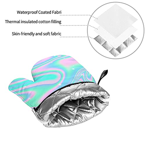 Holographic Abstract Background In Pastel Neon Funny Oven Mitts And Pot Holders， Kitchen Counter Safe Mats For Cooking Bbq Baking Grilling (4-Piece Set) #TOP7