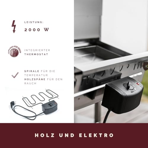 Foto von KAISER COMPANY '80' Hochwertiger Elektrischer Räucherofen aus Edelstahl I Tragbarer Smoker 86 cm I Ideal zum Räuchern I Passen bis zu 12kg Fleisch I 2000W I mit Zubehör I EDELSTAHL