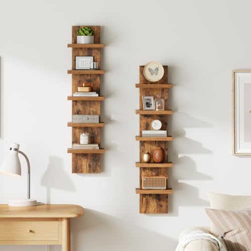 Image of HOOBRO 5 Tier Wall Shelf Unit, 2 Pack Floating Shelves for Wall, Wall Mounted Shelves for Storage, Vertical Display Shelf, Organizer Tall Tower Design for Livingroom Bedroom, Rustic Brown FG18BJP201