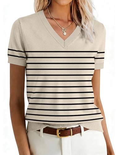 Image of ANRABESS Women Wool Blend Sweater Summer 2026 Short Sleeve V Neck Pullover Top Business Casual Outfit Beach Vacation Clothes