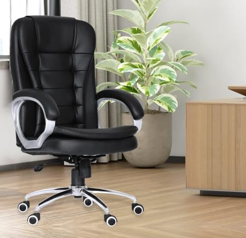 Image of Black Leatherette Office Chair | Ergonomic Executive Chair for Office & Home | High Back Executive Office Chair Home Study Reception Library Chair with arm Rest and Cushioned Seat (Chair)