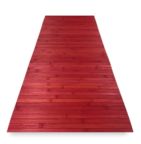 Tex family Tapis de cuisine en bois de bambou WOODY - Rouge uni, antidérapant, facile à nettoyer - Cm. 50x100