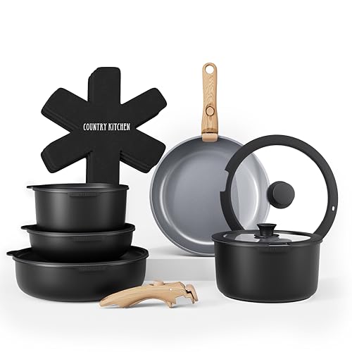 Image of Country Kitchen Cookware Set with Removable Handle, Oven & RV Safe Pots and Pans Set, Black /Grey Wood Handle, Original