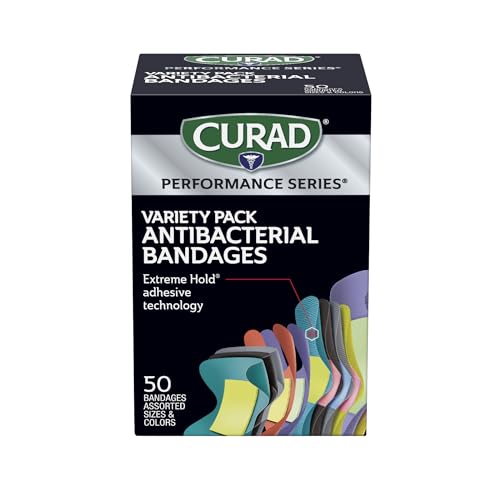 CURAD Performance Series Antibacterial Bandages, Extreme Hold Adhesive Technology, Finger & Knuckle Bandages, Flexible Fabric, Variety Pack with Assorted Sizes & Colors, 50 Count