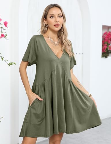 Image of Gozoloma Women Summer Short Sleeve Mini Dress Casual Loose V Neck Flowy Sundress Vacation Tshirt Sun Dress with Pockets