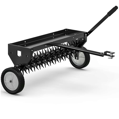YITAMOTOR 40' Tow Behind Spike Aerator, Durable Lawn Aerator for Soil Penetrator with Transport Wheels & Galvanized Plug Coring Tines & Universal Hitch Tow Bar & Side Control Handle for ATV,Black