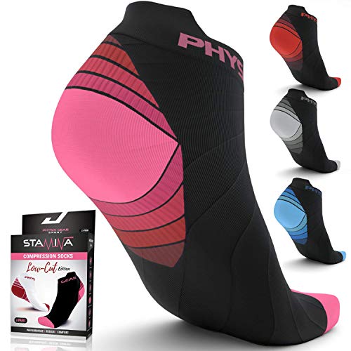 Physix Gear Short Compression Socks for Men & Women - Best Low Compression Socks Women & Men with Arch Support, Ideal for Running, Plantar Fasciitis comfort, and Swelling - Ankle, Pink/White, S/M