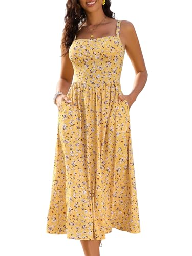 Sureple Women Floral Corset Dress Boho Summer Spaghetti Straps Midi Sundress Corset Milkmaid Dresses Causal(SP566-Yellow Floral 04-XL)