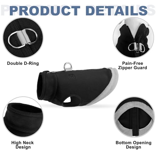 Image of Mihachi Dog Fleece Vest Sweater Zip Up Warm Pullover Step-in Dog Jacket with Dual D-Ring Leash, Winter Cold Weather Reflective Coat Clothes Hoodie for Small Medium Dogs Puppy Cat Boy Girl, Black XS