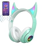 Cuffie over-ear senza fili, con orecchie di gatto diavolo, cuffie sportive, leggere, sportive con luci colorate per giocare