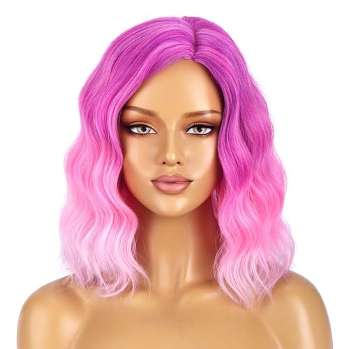 Image of BERON Rose Pink Wigs for Women Short Curly Wavy Wig Girls Middle Part Ombre Pink Purple Colorful Body 14 Inch Heat Resistant Synthetic Hair Wig Cosplay Daily Party Wigs