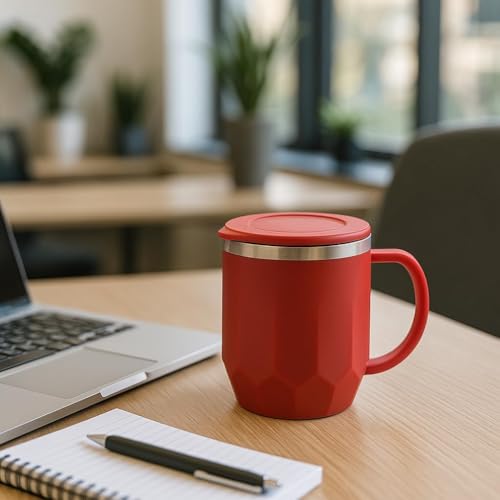 Image of Insulated Coffee Mug 350 ml - Leakproof Lid, Double Wall Stainless Steel Tea Mug, Cool Touch Outer, Travel Cup for Office & Car, Keeps Drinks Hot /Cold - Red