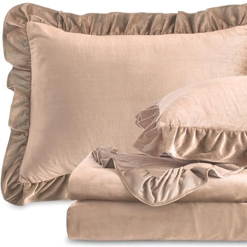 Image of Velvet Plush Flannel Sheet Set - Queen Size 4-Piece - Ruffled Edge Design, 16 Inch Deep Pocket, Anti-Pilling & Fade Resistant - 220 GSM Breathable Luxury All-Season Bedding, Khaki