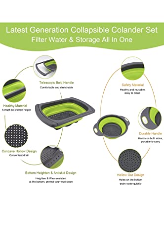 Collapsible Colanders - Set Of 3, Adjustable Over The Sink Silicone Foldable Round Fruits, Vegetable, Food Draining Colorful Baskets And Pasta Strainer With Handle For Kitchen - 6/4/2 Quarts (Green) #TOP6