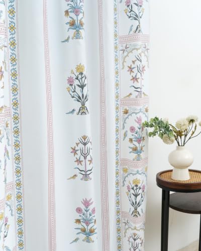 Image of Tranquebar Curtain Co. Window Curtains 5 Feet, 60-65% Room Darkening, Pink Floral Print, Cotton Curtains for Window, Cotton Curtains 5 Feet Long Single Piece, BackTabs, Sashi (152 cm) - Single Piece