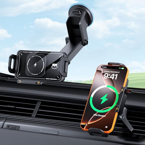 Qoosea 15W Support Telephone Voiture Induction, Qi Rapide Chargeur Induction Voiture sans Fil avec Ventouse Clip QC, Support Chargeur pour Samsung Galaxy Z...