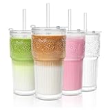 INSETLAN 20oz Ribbed & Floral Glass Tumblers with Lids and Glass Straws, Set of 4 – Iced Coffee Cups, Reusable Drinking Glasses for Water, Smoothies, Tea, and Juice – Perfect for Travel & Daily Use