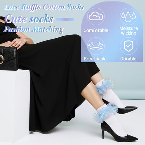 Image of Geyoga 3 Pairs Women Big Ruffle Socks Turn Cuff, Double Lace Ankle Cotton Frilly Socks for Ladies Summer
