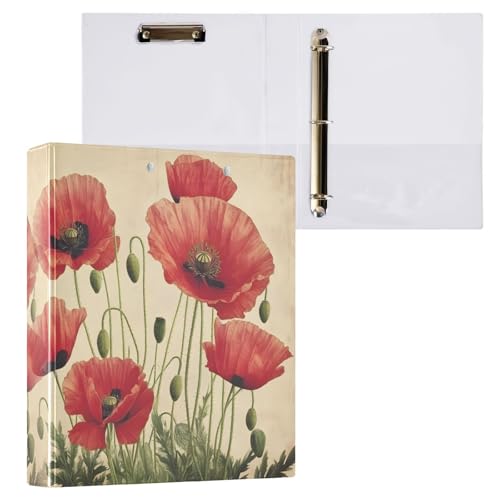 Image of 3 Ring Binder Red Poppy Flowers Vintage Poppies Floral 1.5 inch Binders Three Ring Binders with Clipboard Fit 8.5'' x 11'' Paper 3 Interior PVC Clear Pockets for Office Supplies