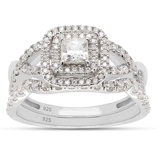 0.90 Carat Princess & Round Cut Lab Created Moissanite Diamond Infinity Double Halo Engagement Bridal Ring Set In 14K Gold Over Sterling Silver