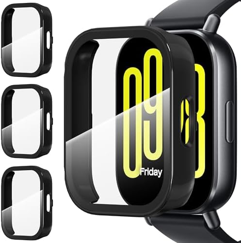 Suoman 3-Pack for Redmi Watch 5 Active Case, [Anti-Scratch] Tempered Glass Screen Protector, All-Round Hard PC Protective Cover Bumper -Black+Black+Black