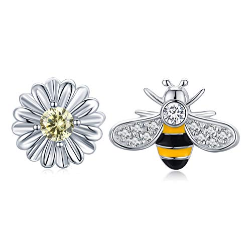 925 Sterling Silver Bee and Daisy Asymmetric Studs Earrings, Mismatch Studs for Women, Bee Jewelry Mother Day Gift for Women Girlfriend Daughter Spring with Gift Box(Eye-Catching Studs)
