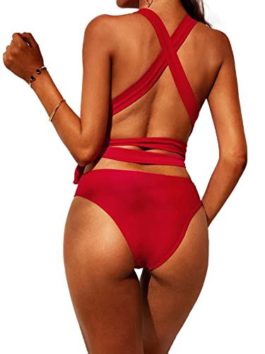 Image of Lilosy Sexy Tie Criss Cross Plunge One Piece Thong Swimsuit High Cut Brazilian Bathing Suit