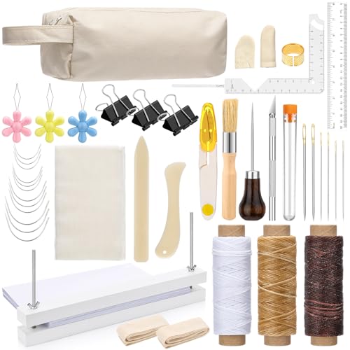 Weekgrat 44 Pcs Book Binding Kits 15 x 1.5 Inch Wooden Book Press Bookbinding Supplies Hand Bookbinding Starter Tools Set with Paper Awl Binding Ribbon Glue Brush and Steel Ruler for DIY Bookbinding