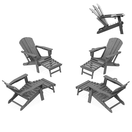 LOUNZY Folding Adjustable Adirondack Chair with Footrest Set of 4,HDPE Recliner Adirondack Chair with Cup Holder for Deck Lawn Fire Pit,Grey 4 pcs-wit