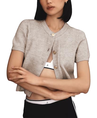 Image of Aimiray Women's Cable Short Sleeve Cardigans Sweater Button Down Lightweight Cropped Casual Ribbed Knitted Tops(Beige-M)