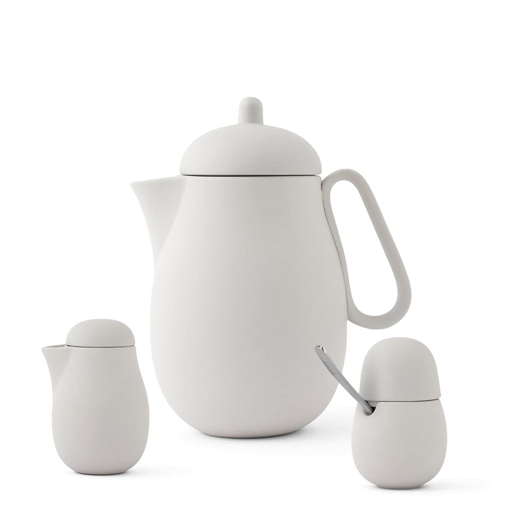 Viva Scandinavia Tee-Set Porzellan 3-teilig bestehend aus Designer Teekannne, Milchkännchen und Zuckerdose mit Löffel aus Edelstahl, Matt Sand Grau