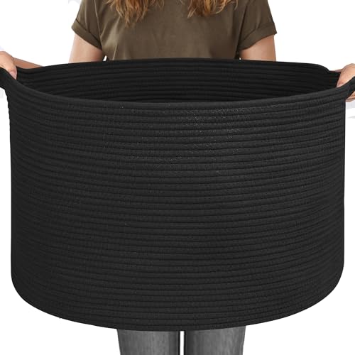 Image of MEGASKET 115L Super Large Black Blanket Basket, 23.6 inchx15.7 inch Woven Rope Bin for Storage, Oversized Kids Dog Toy Storage Box Bins, XXXL Blanket Holder for Living Room, Jumbo Wicker Basket for Organizing