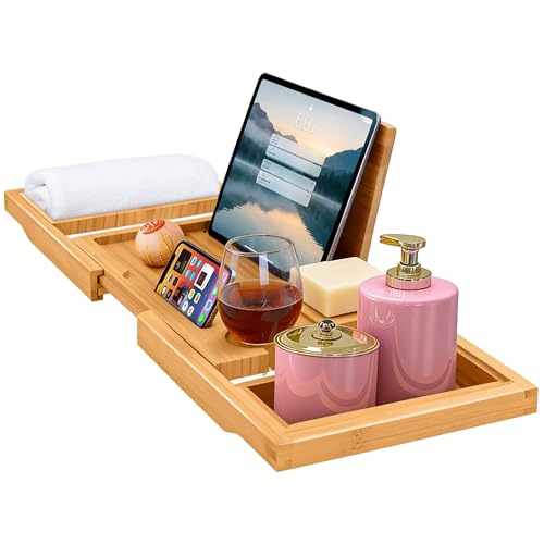Image of Bath Tray, Foldable Luxury Bamboo Bathtub Caddy, Adjustable Bath Board with Book Rest, Phone, Tablet, Candle, Towel, Wine Glass Holder, Extendable Wooden Tray Bath-Shelf Fits Most Bathtub Sizes
