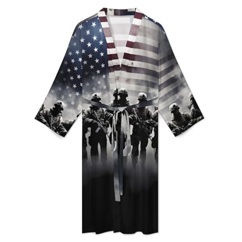 Grunge American Army Soldiers with Flag Men's Bathrobes Lightweight Sleepwear Long Sleeve Loungewear Nightgown Pajamas2