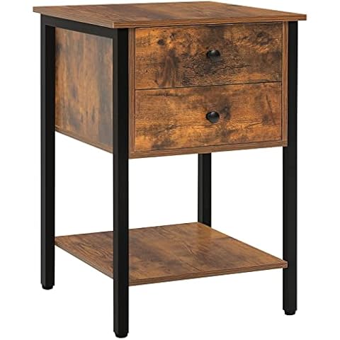 WEENFON End Table with 2 Drawers, Industrial Nightstand with Open Storage Shelves, Bedside Table for Living Room, Bedroom, Easy Assembly, Wooden Nightstand, Rustic Brown Cover