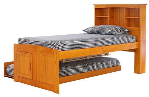 Discovery World Furniture Twin Bookcase Captains Bed with 3 Drawers and Twin Trundle, Honey