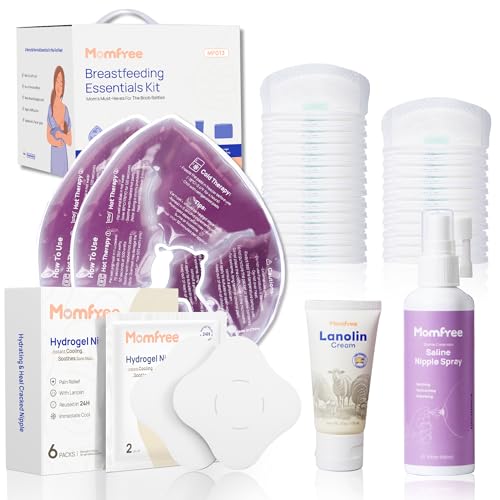 Image of Breastfeeding Essentials Kit for Nursing Moms Nipple Relief, 60 Piece Gift Set with Reusable Hot and Cold Breast Therapy Packs/Hydrogel Nipple Pads/Lanolin cream/Nursing Pads/Saline Spray