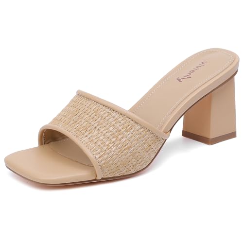 Image of vivianly Women's Low Block Heels Sandal Square Open Toe Chunky High Heels Slip on Heeled Sandals Mules Slide for Party Wedding Dress Shoes
