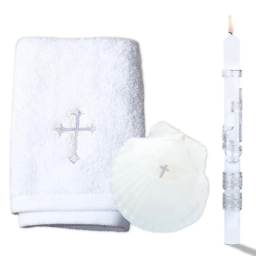 Baptism Candle Set for Boys and Girls - Baptism Kit Include Towel, Shell and Baptismal Candle, Velas para bautizo Christening Set Velas para bautizo de niño for Infants Kids