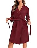Ekouaer Robes for Women Waffle Knit Bathrobe Lightweight Kimono Robe Knee Length Loungewear with Pockets Wine Red L