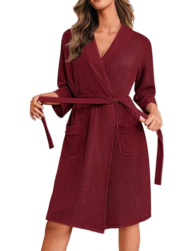 Ekouaer Robes for Women Waffle Knit Bathrobe Lightweight Kimono Robe Knee Length Loungewear with Pockets Wine Red L