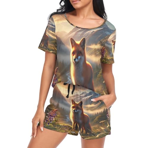 Pyjama pour femmes doux Fox Mountains Grass ensemble chemise pantalon contre la chaleur S