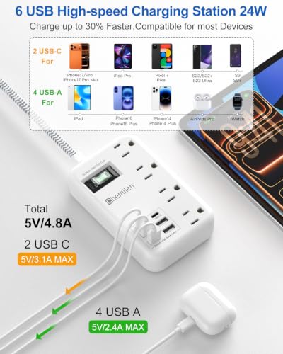 Protector de viaje con 6 USB (2 USB C), 4 tomas, cable de extensión de 1.22 m 13A miniatura 3