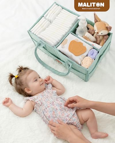 Image of Maliton Felt Diaper Caddy Organizer for Changing Table - Large, Green | 15x9x7 inch Portable Nursery Storage Bin and Car Organizer for Diapers, Wipes. Boy & Girl Shower Gift Basket, Baby Essentials