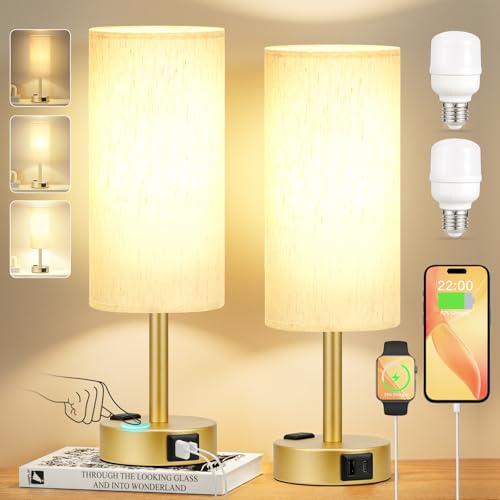 PartageiZ Gold Touch Table Lamps Set - 3 Way Dimmable Bedroom Lamps with USB C and A Ports, Small Lamps for Nightstand with AC Outlet, Gold Base Round Flaxen Shade for Desk, Office, Dorm, Nursery by PartageiZ - Image 7