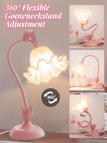 Image of Flower Table Lamp Bedside Lamps LED Reading Light,3 Color Modes Cute Small Lamp,Vintage Flower Lamp Kawaii Table Lamp for Bedroom Living Room Office Dorm Desk Home Decor (Pearl Pink lamp)