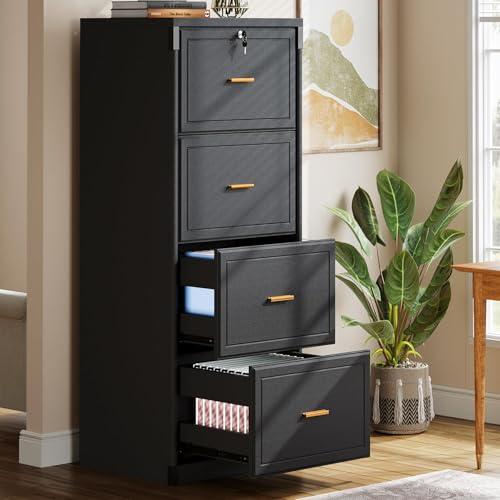 Tribesigns 4-Drawer File Cabinet with Lock, Locked File Cabinet with Key, Tall Wooden Filing Cabinets for Home Office, Vertical Office Storage for Legal Size/Letter/A4/Files, Black