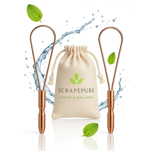 Tongue Scraper Handcrafted 100% Food Grade Copper Tongue Scraper Ayurvedic Benefits (Set of 2) Fights Bad Breath Adults and Kids