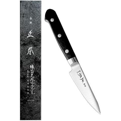 MASAMOTO AT Japanese Paring Knife 3.3" (85mm) Made in JAPAN, Kitchen Small Utility Knife for Fruit and Vegetable, Sharp Japanese Stainless Steel Blade, Full Tang Pakkawood Handle, Black Cover